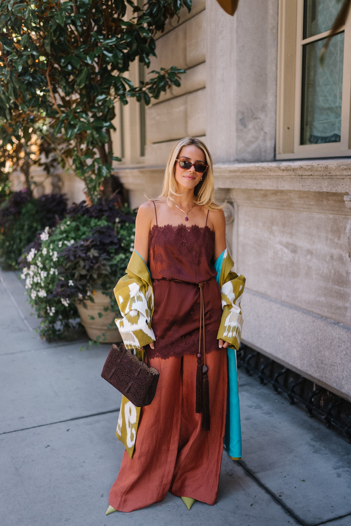 brown silk mini dress silk wide leg pants chartreuse patterned jacket
