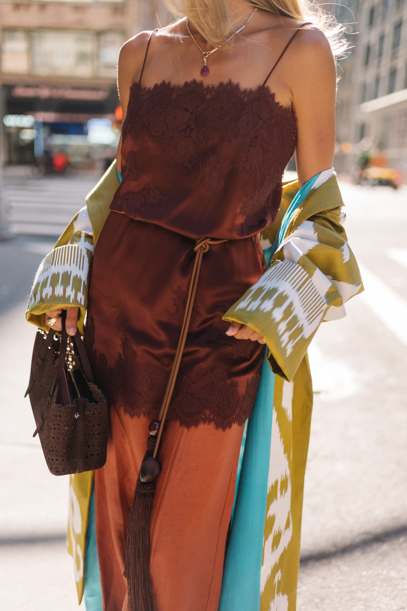 brown silk mini dress silk wide leg pants chartreuse patterned jacket
