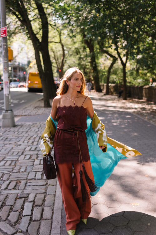 brown silk mini dress silk wide leg pants chartreuse patterned jacket