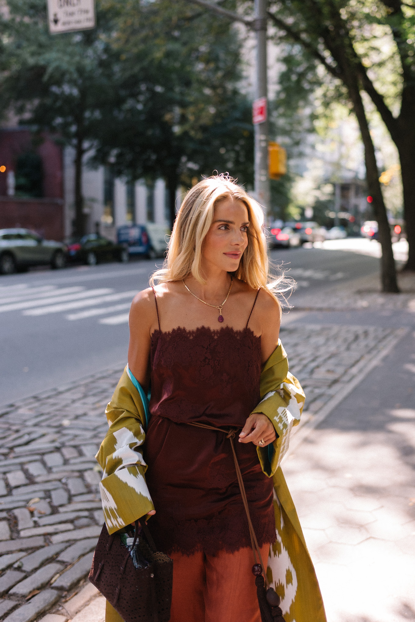 brown silk mini dress silk wide leg pants chartreuse patterned jacket