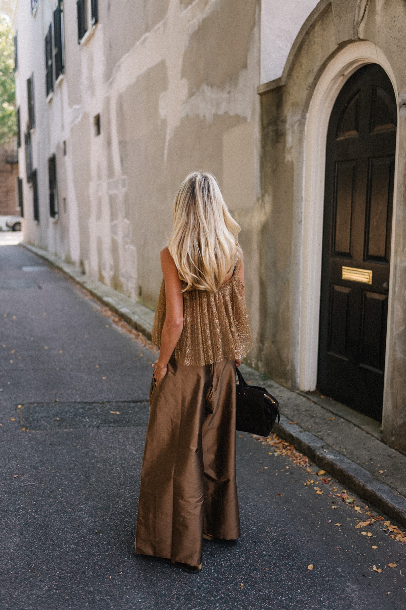Golden tank brown shiny wide-leg pants