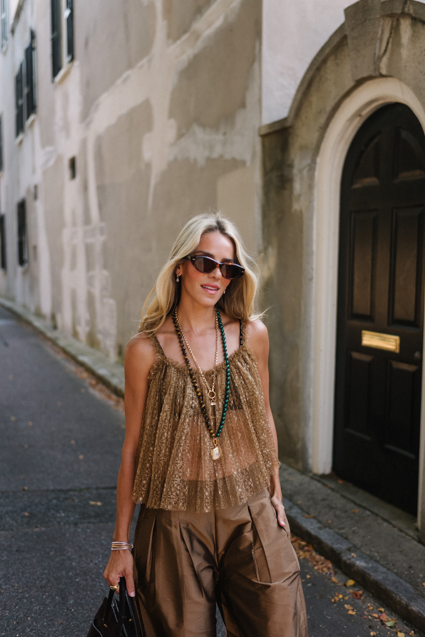 Golden tank brown shiny wide-leg pants
