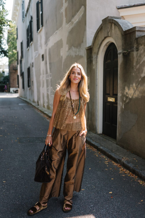 gold sheer tank brown shiny wide leg pants