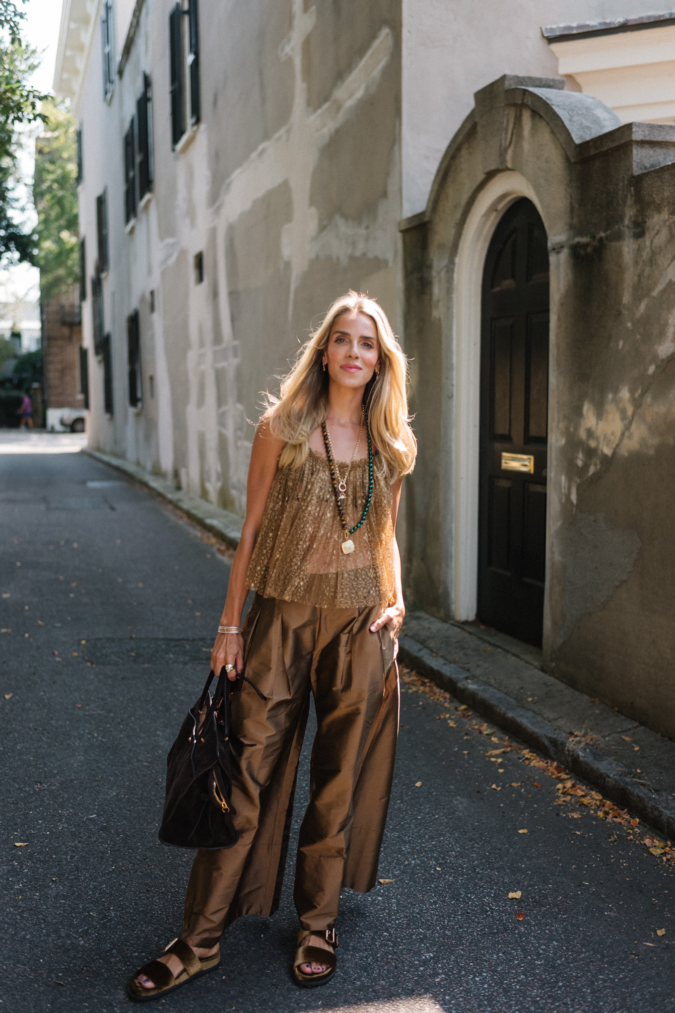 Golden tank brown shiny wide-leg pants