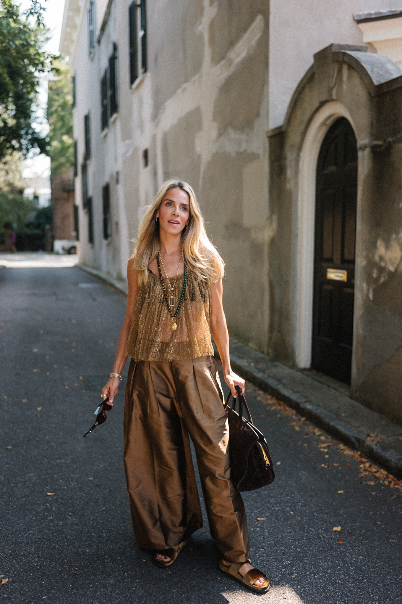 Golden tank brown shiny wide-leg pants