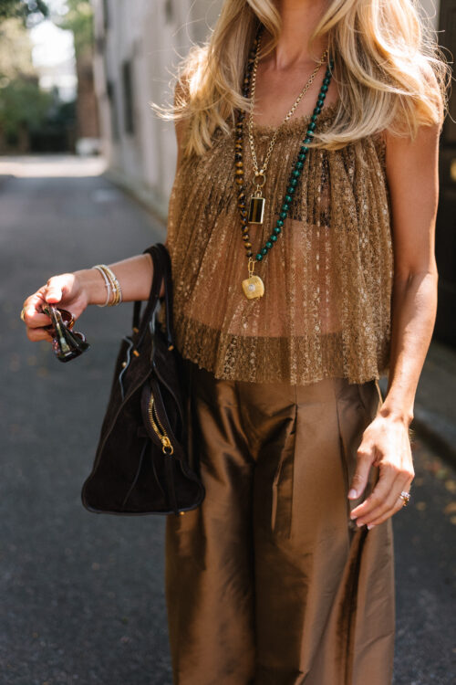 gold sheer tank brown shiny wide leg pants