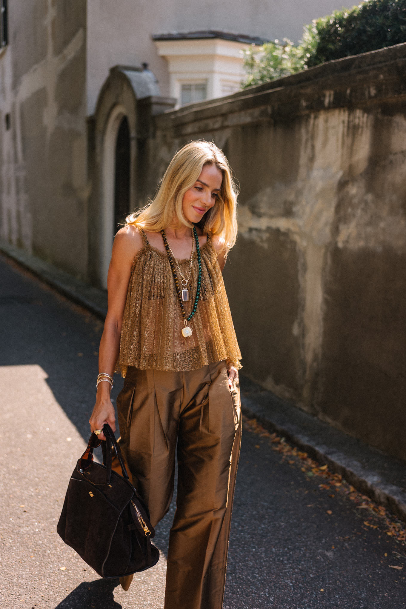 Golden tank brown shiny wide-leg pants