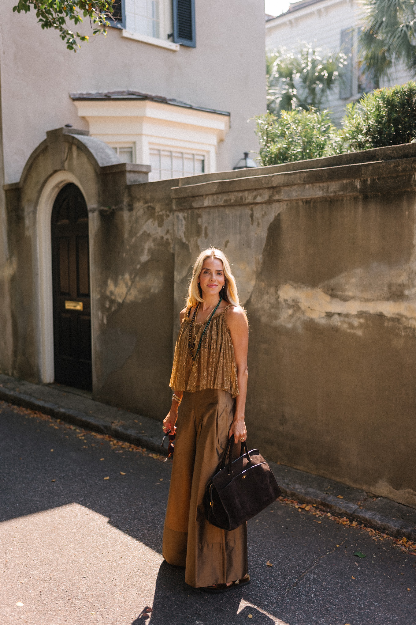 Golden tank brown shiny wide-leg pants