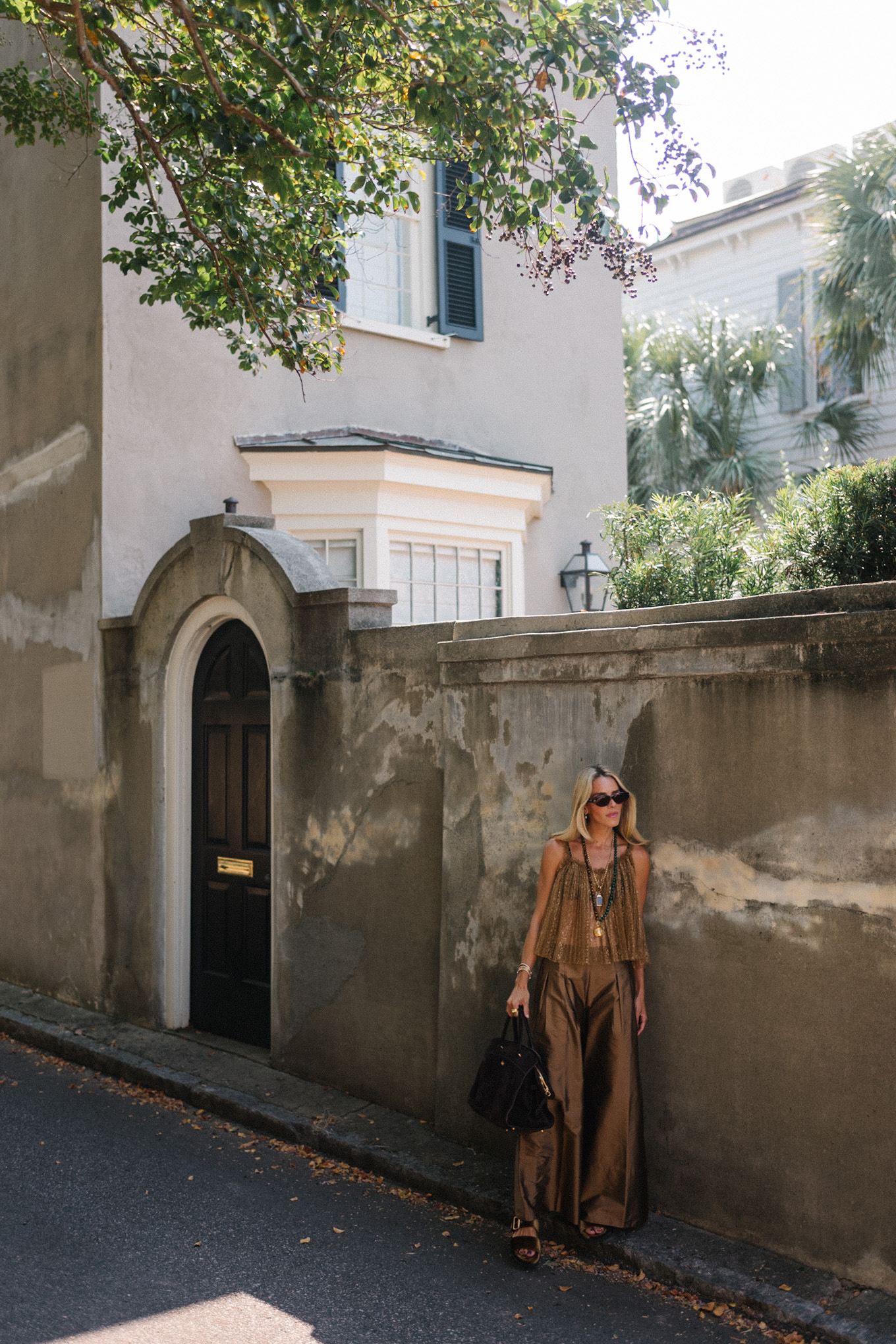 Golden tank brown shiny wide-leg pants