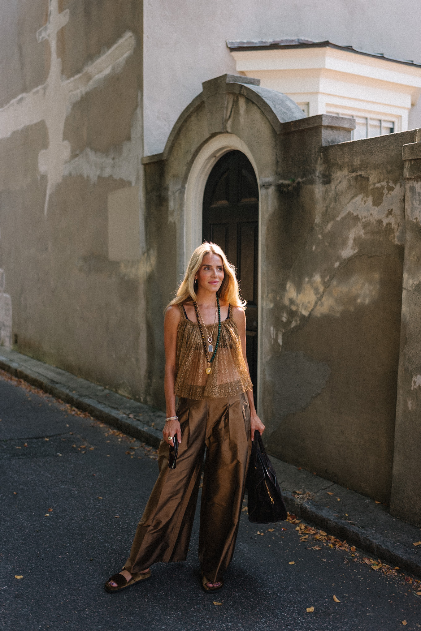 Golden tank brown shiny wide-leg pants