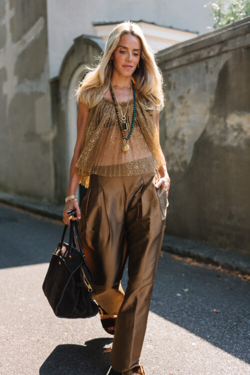 gold sheer tank brown shiny wide leg pants