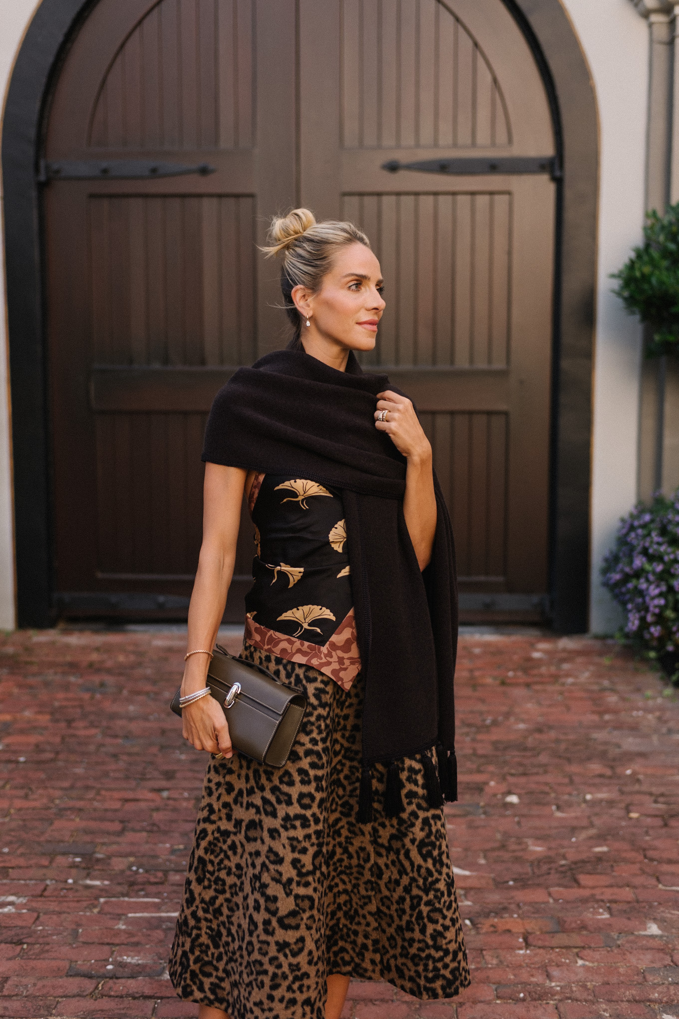 leopard print skirt silk halter top black fringe scarf