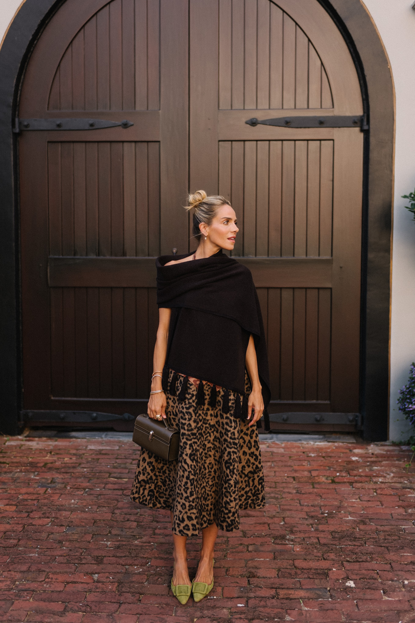 leopard print skirt silk halter top black fringe scarf