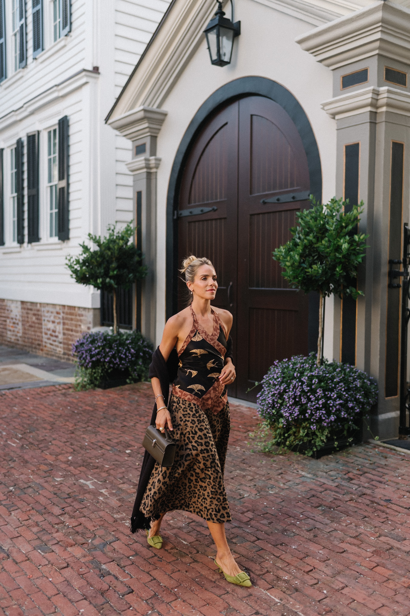 leopard print skirt silk halter top black fringe scarf