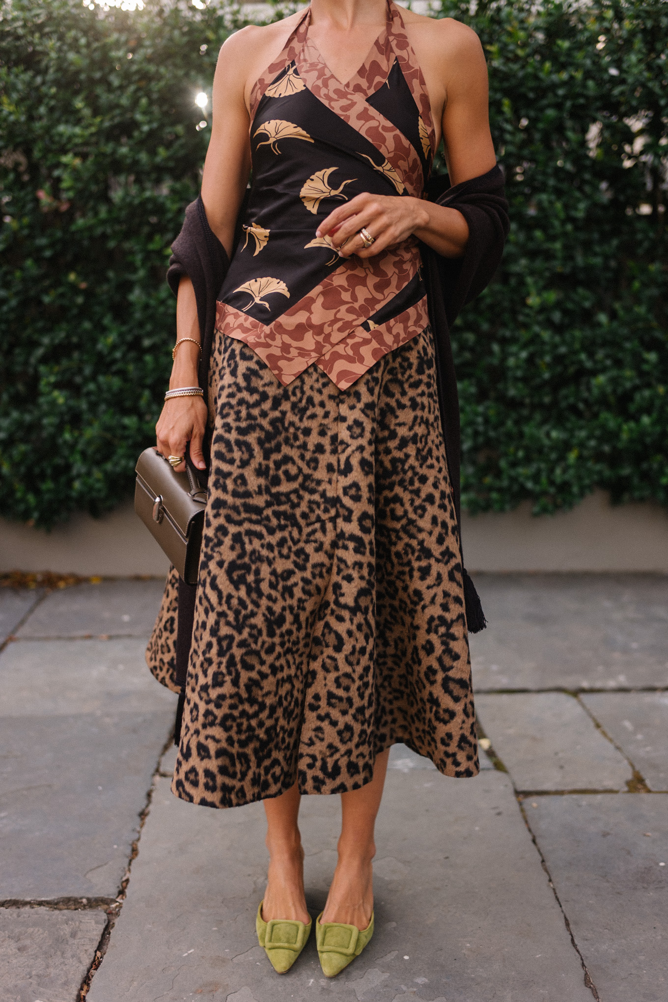 leopard print skirt silk halter top black fringe scarf