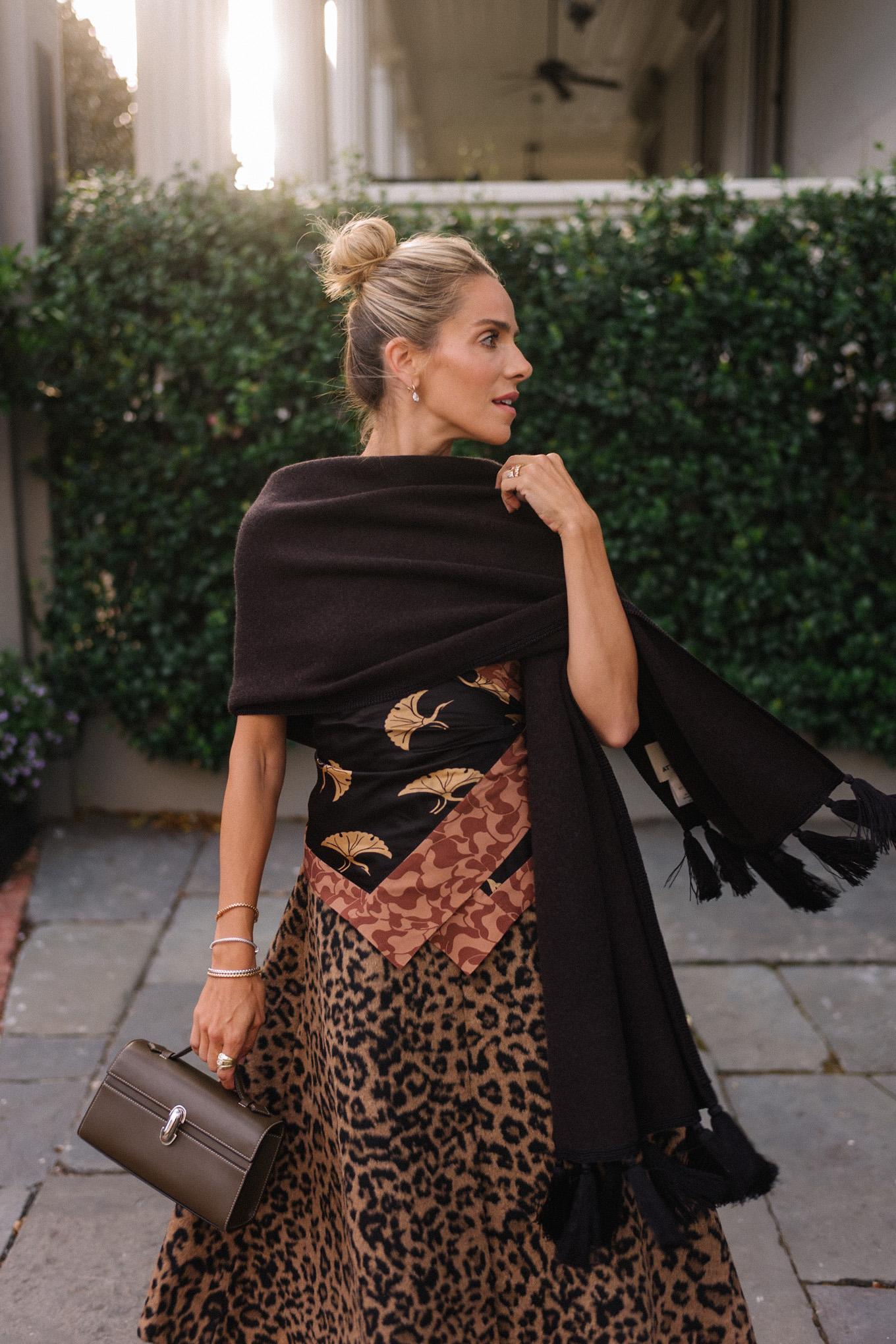 leopard print skirt silk halter top black fringe scarf