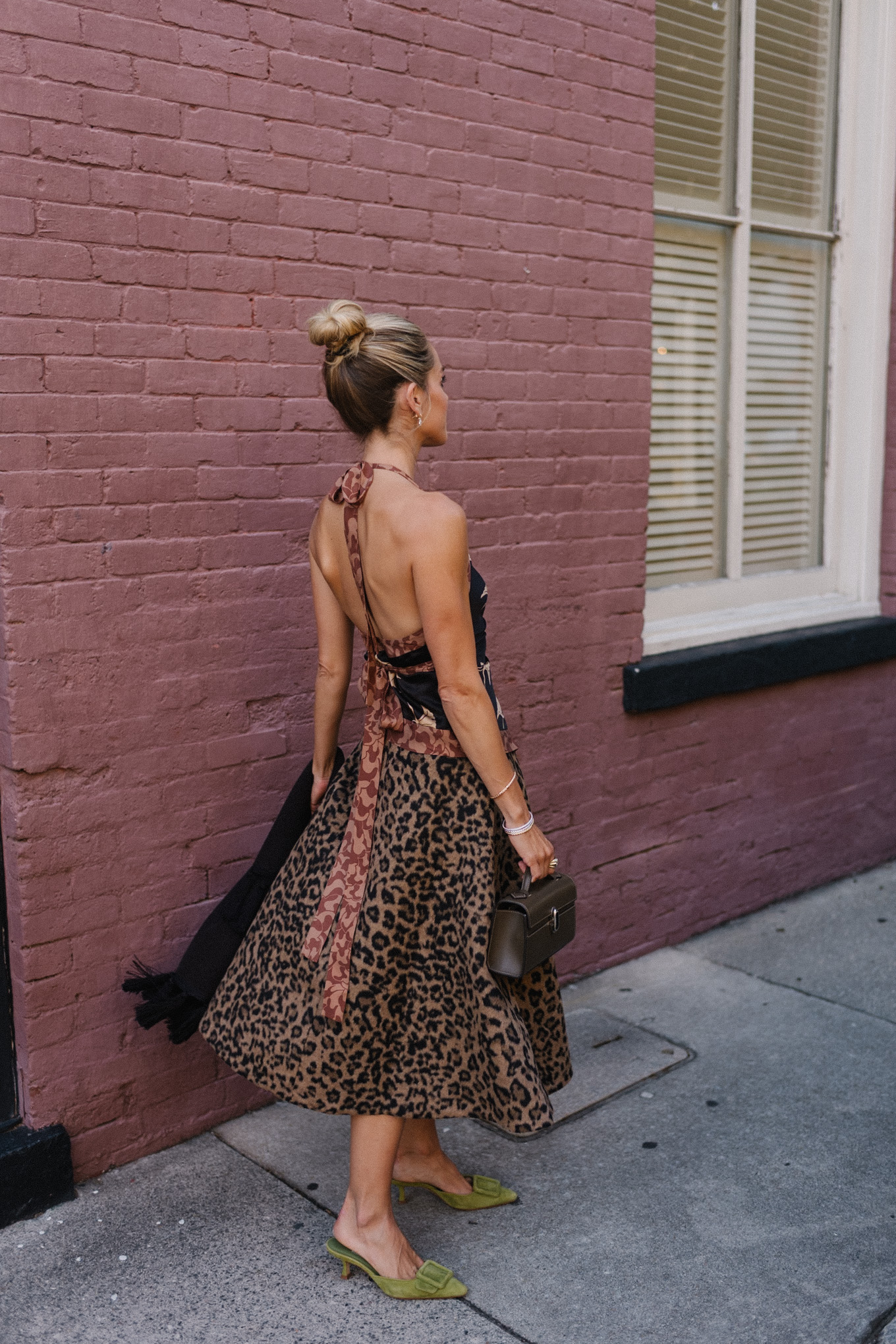 leopard print skirt silk halter top black fringe scarf