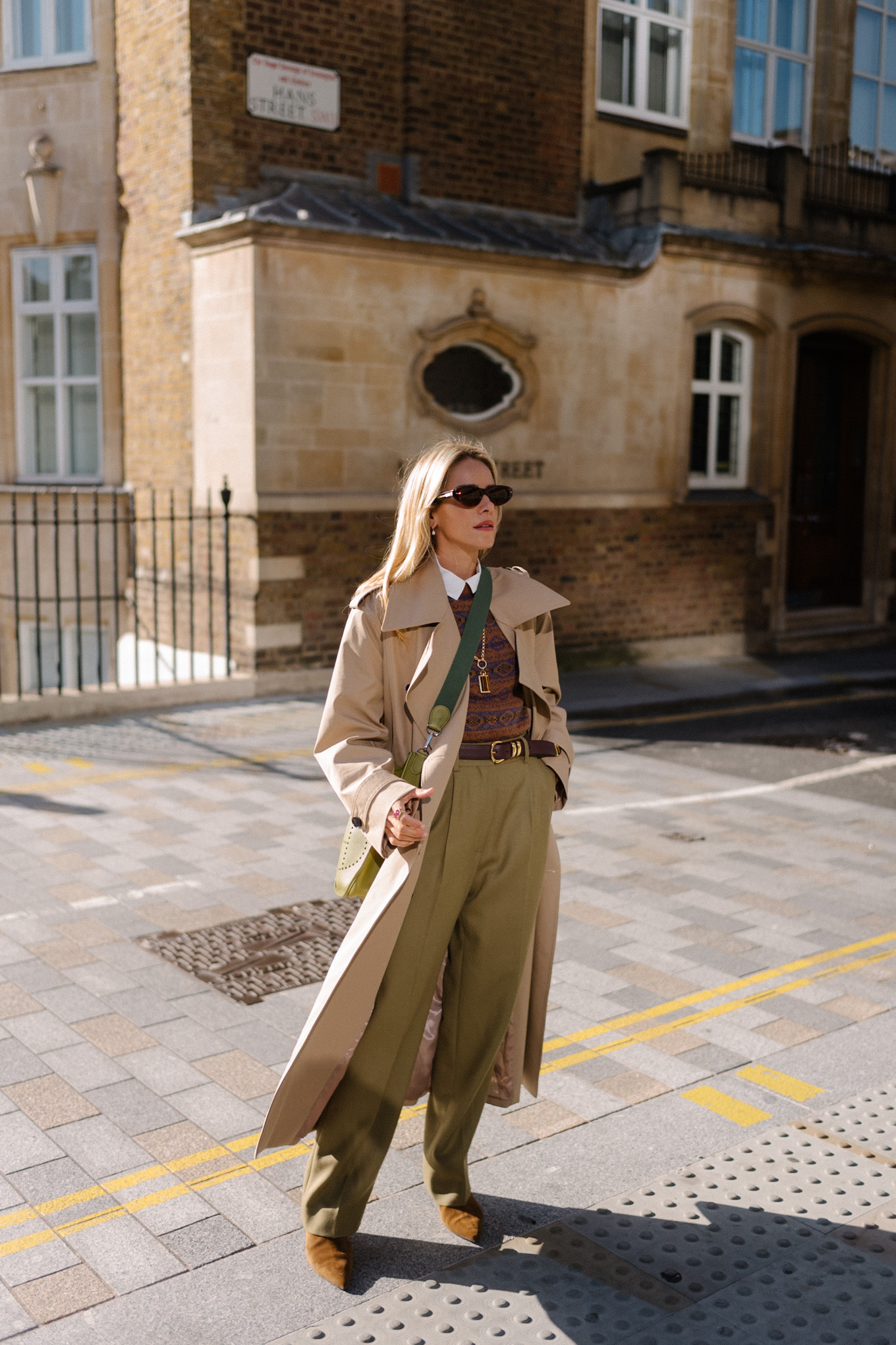 Wrapped & Refined - Julia Berolzheimer 2 tan trench brown swipe sweater green silk pants