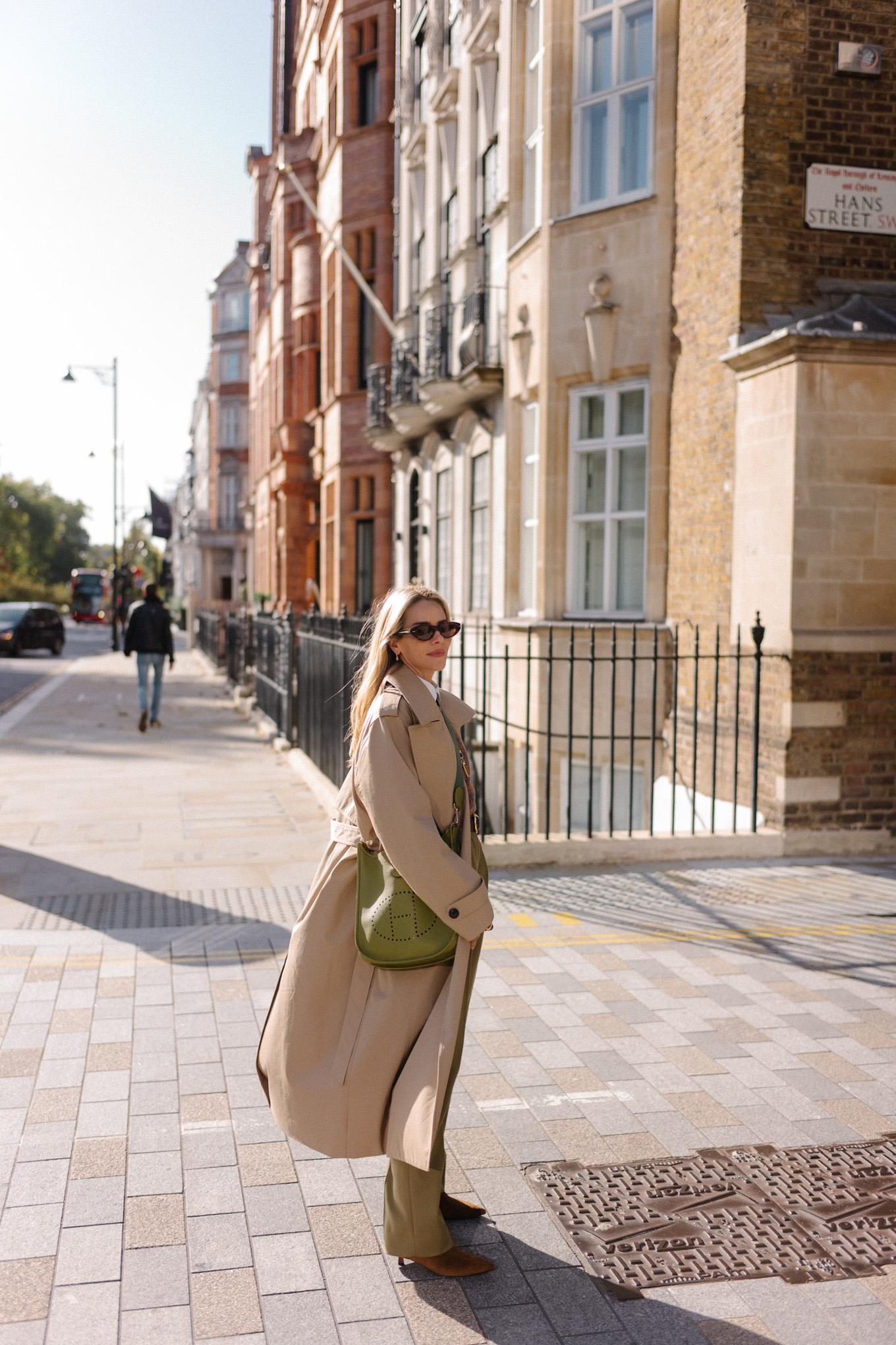 Wrapped & Refined - Julia Berolzheimer 6 tan trench brown swipe sweater green silk pants