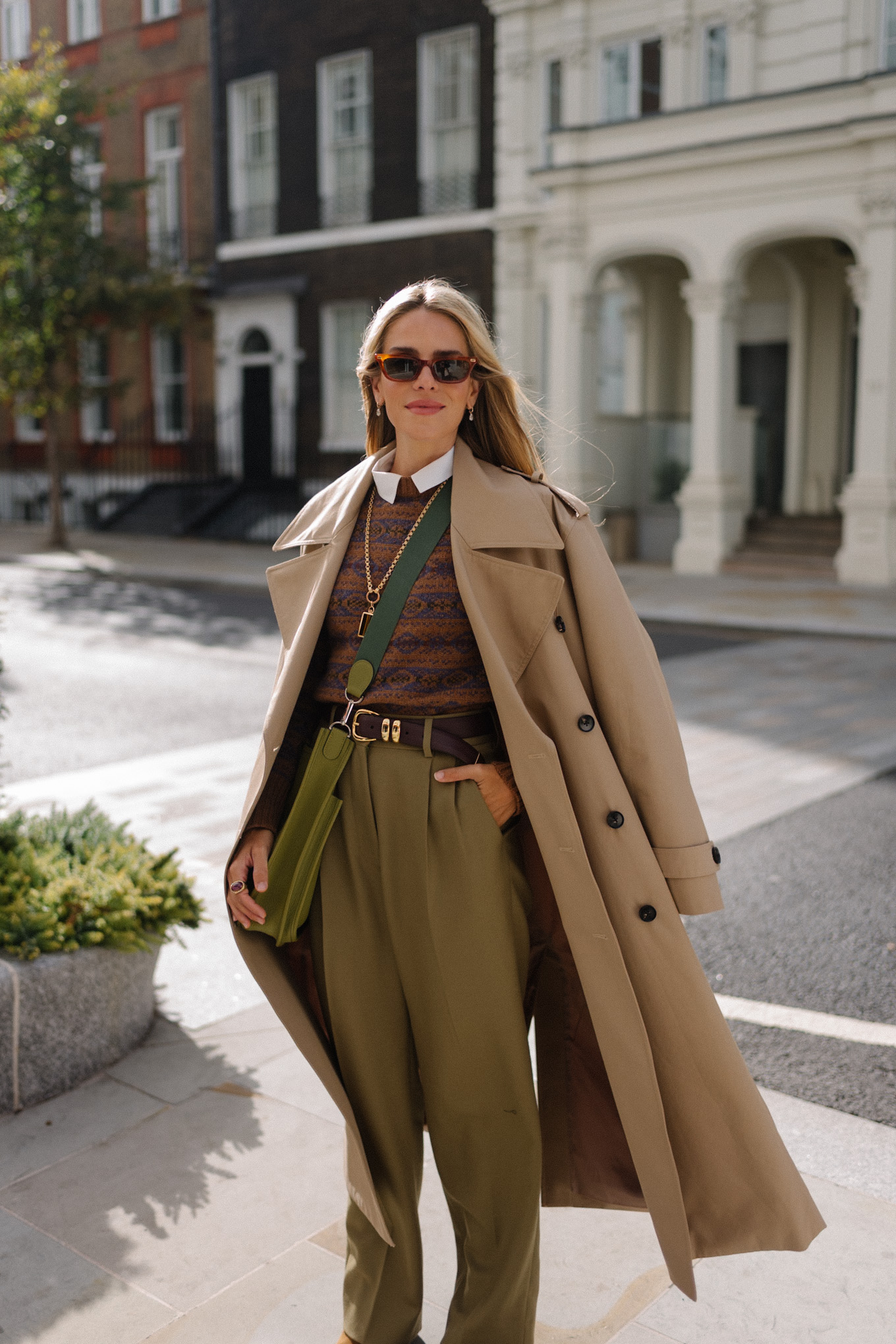 Wrapped & Refined - Julia Berolzheimer 8 tan trench brown swipe sweater green silk pants