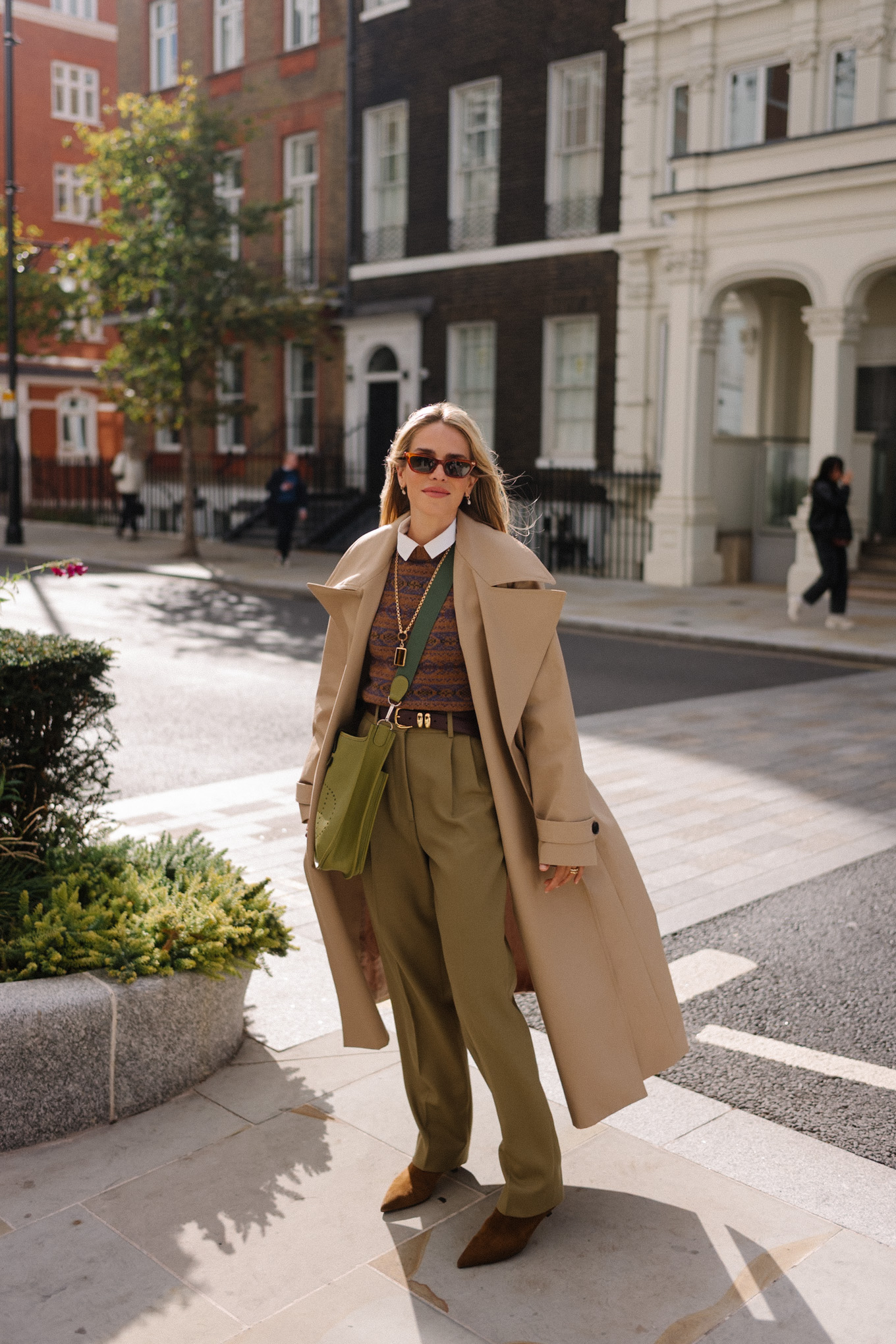 Wrapped & Refined - Julia Berolzheimer 9 tan trench brown swipe sweater green silk pants