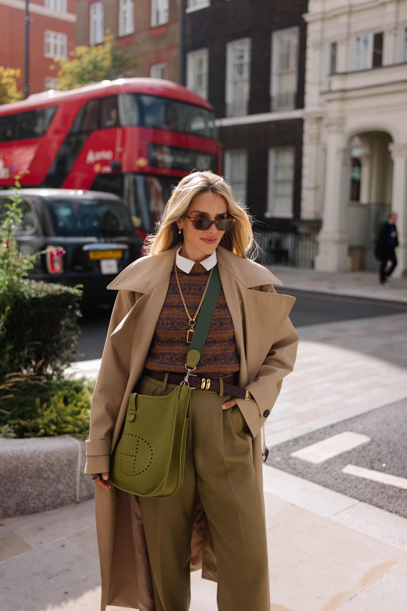 Wrapped & Refined - Julia Berolzheimer 3 tan trench brown swipe sweater green silk pants