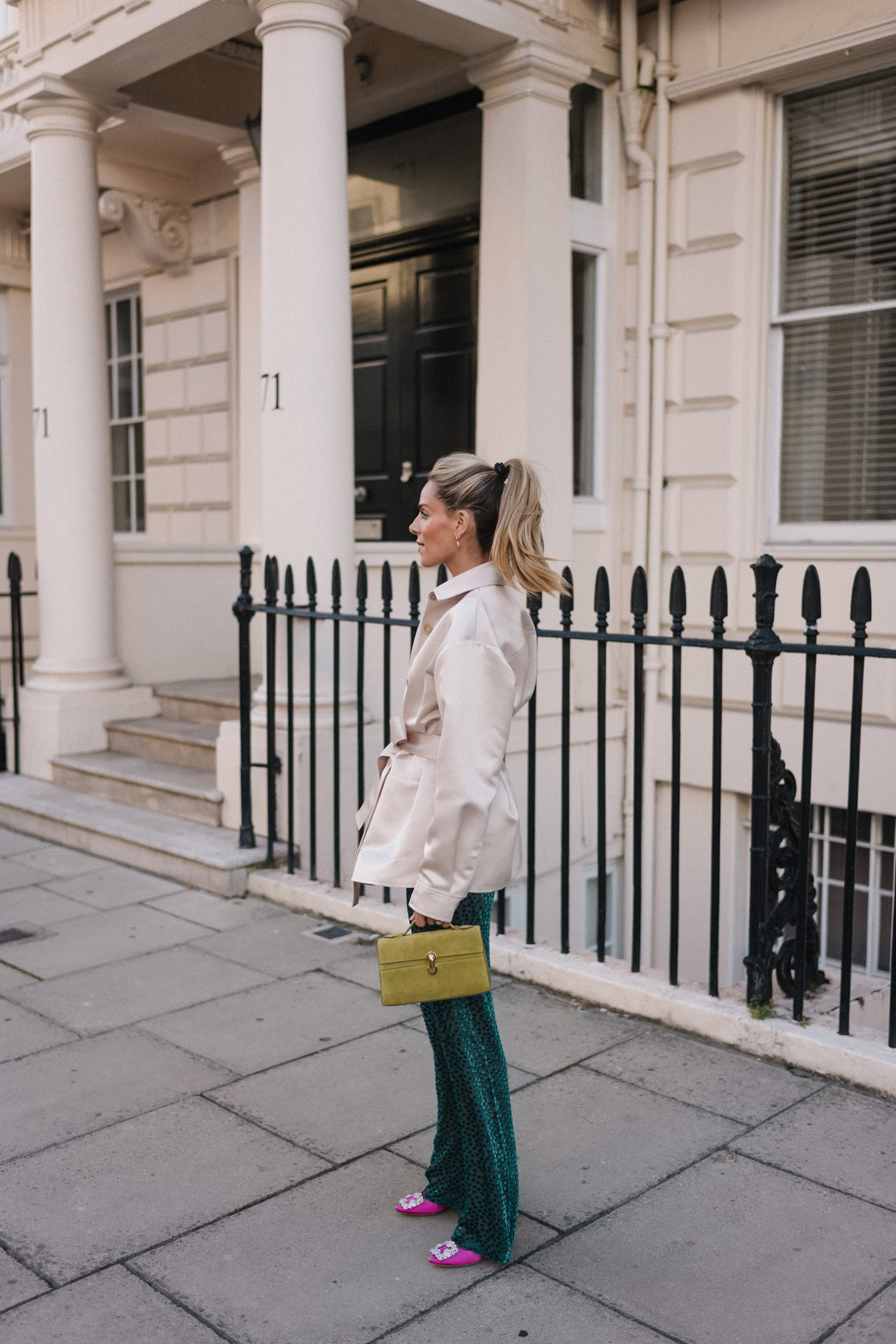 satin blazer jacket green velvet pants pink pumps chartreuse handbag