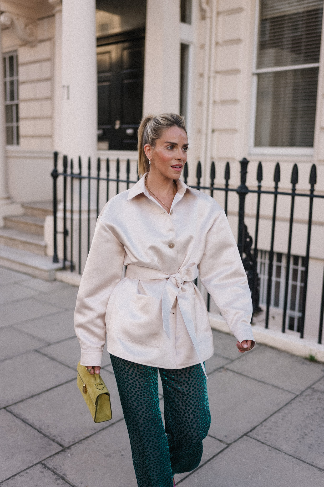 satin blazer jacket green velvet pants pink pumps chartreuse handbag