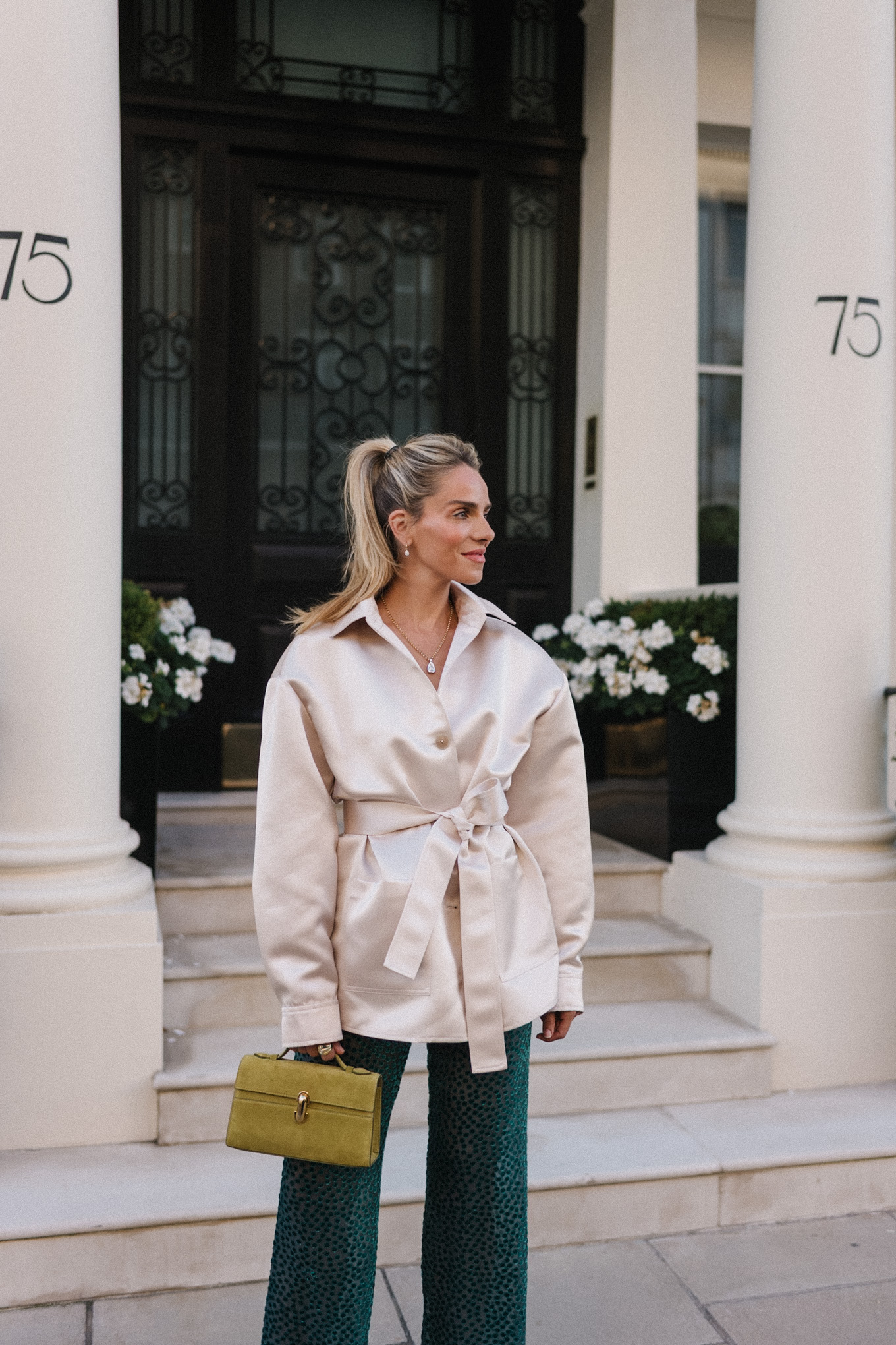 satin blazer jacket green velvet pants pink pumps chartreuse handbag
