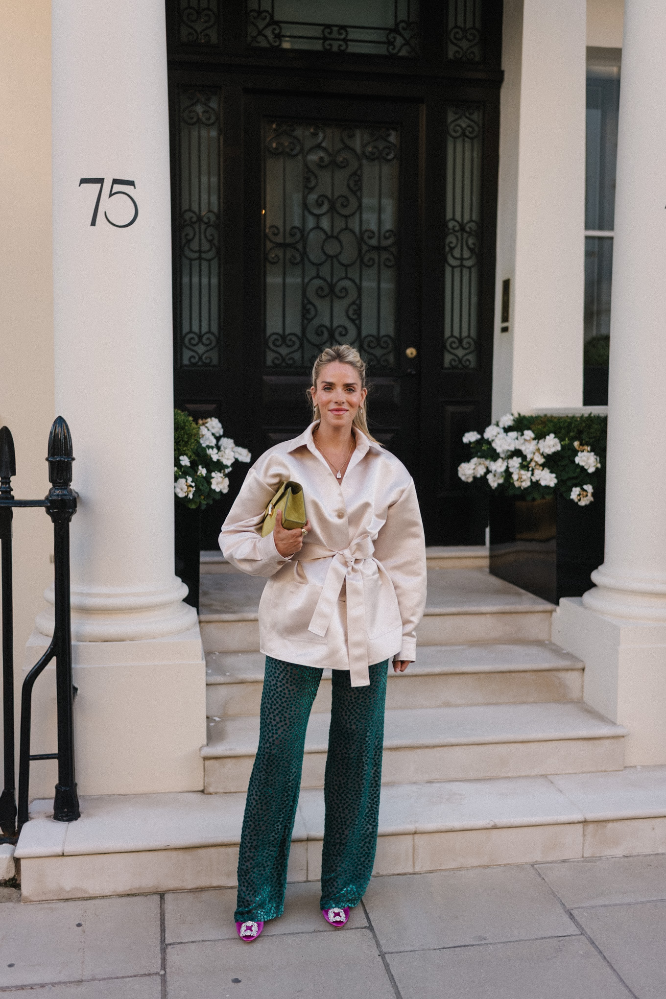 satin blazer jacket green velvet pants pink pumps chartreuse handbag