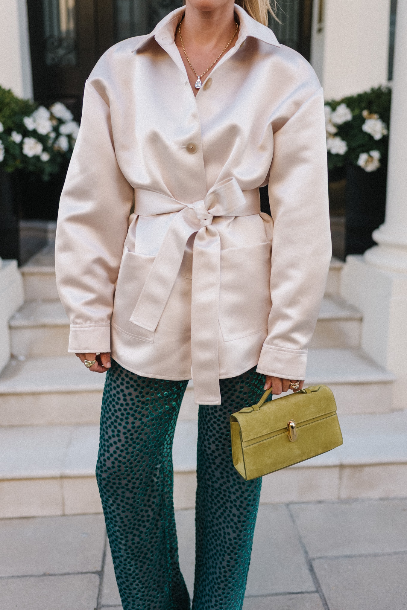 satin blazer jacket green velvet pants pink pumps chartreuse handbag