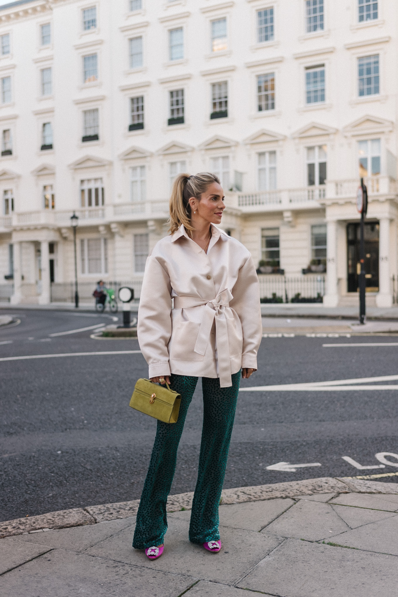 satin blazer jacket green velvet pants pink pumps chartreuse handbag