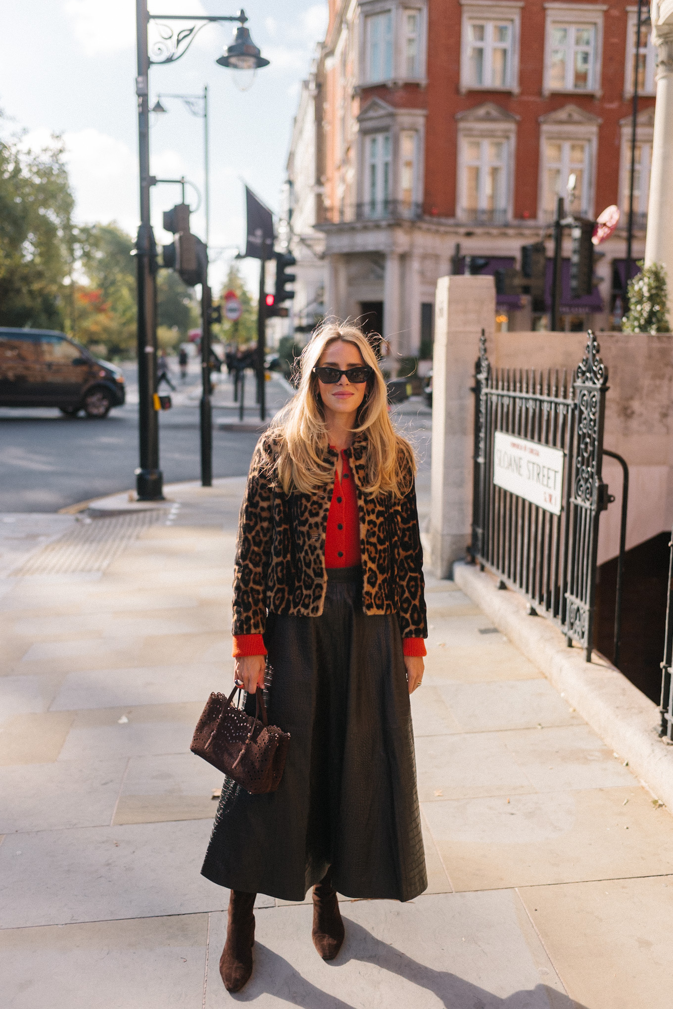 leopard print shearling jacket brown maxi skirt red orange cardigan suede boots