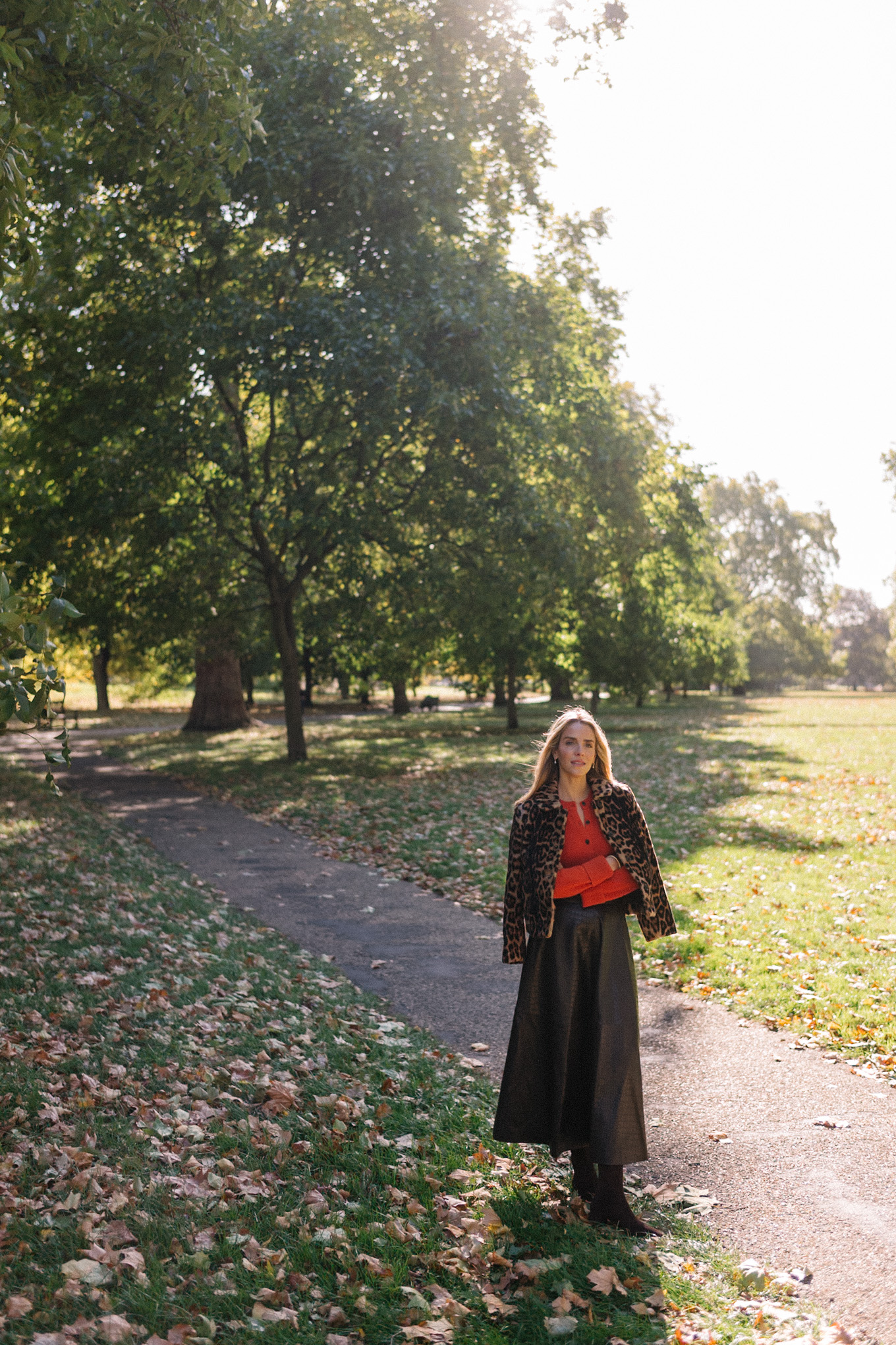 leopard print shearling jacket brown maxi skirt red orange cardigan suede boots