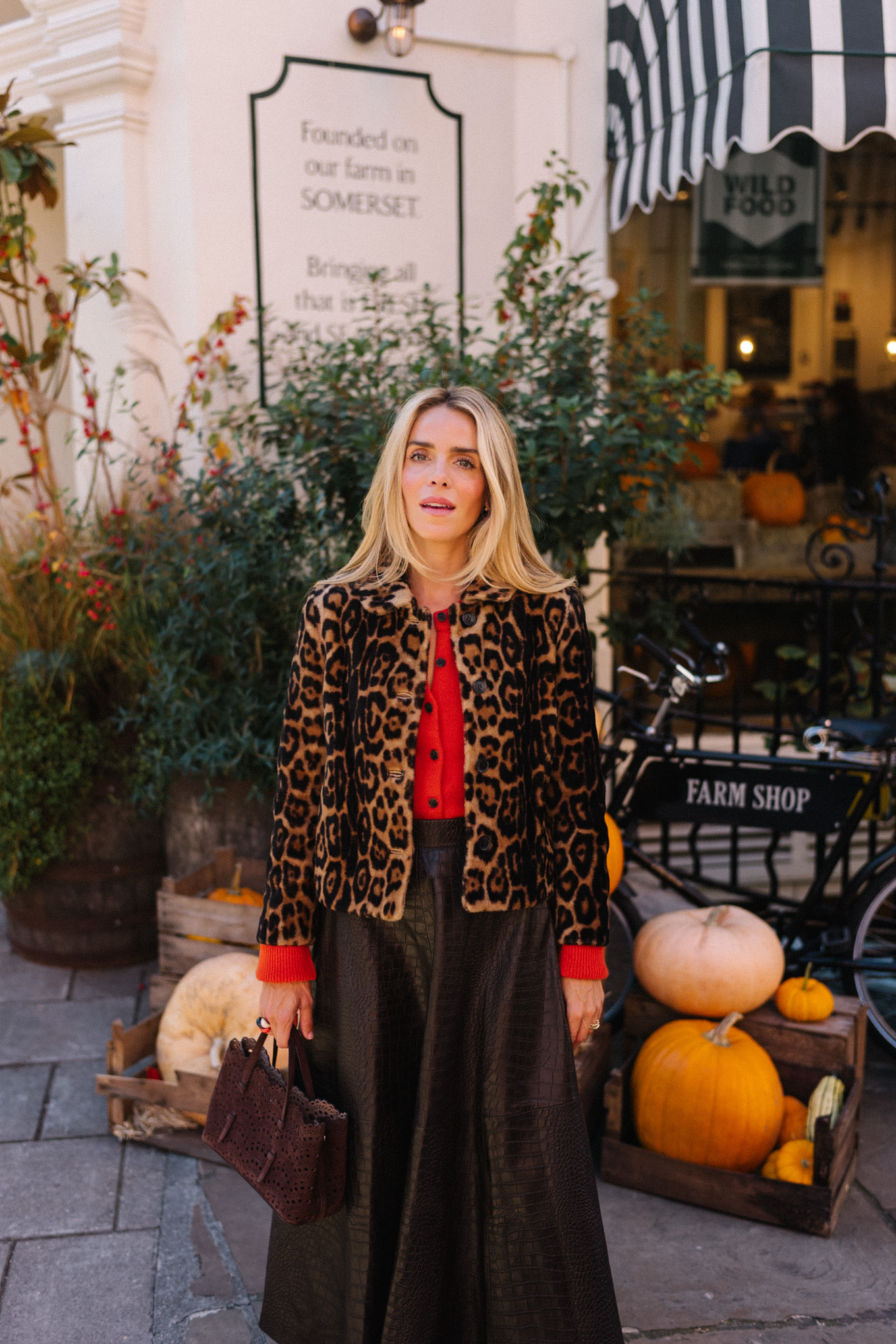 leopard print shearling jacket brown maxi skirt red orange cardigan suede boots