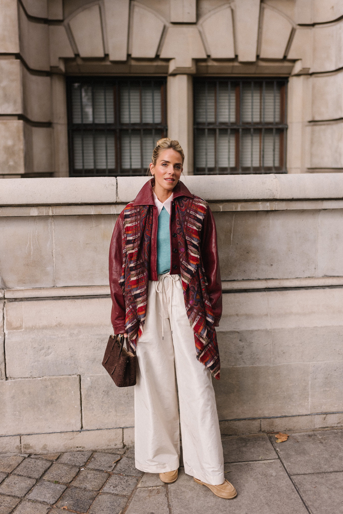 maroon leather jacket striped scarf turquoise sweater white button down shirt cream wide leg pants