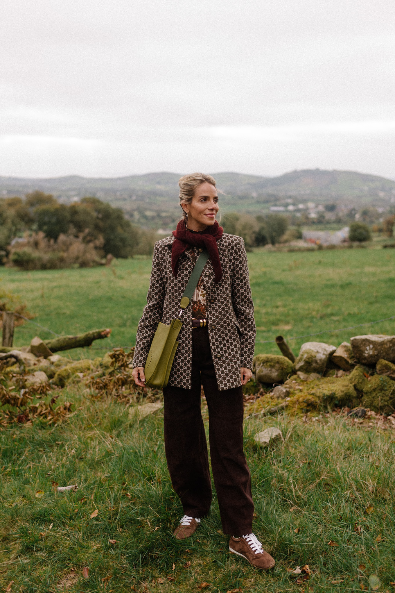 checkered blazer jacket maroon scarf brown suede wide leg pants brown sneakers
