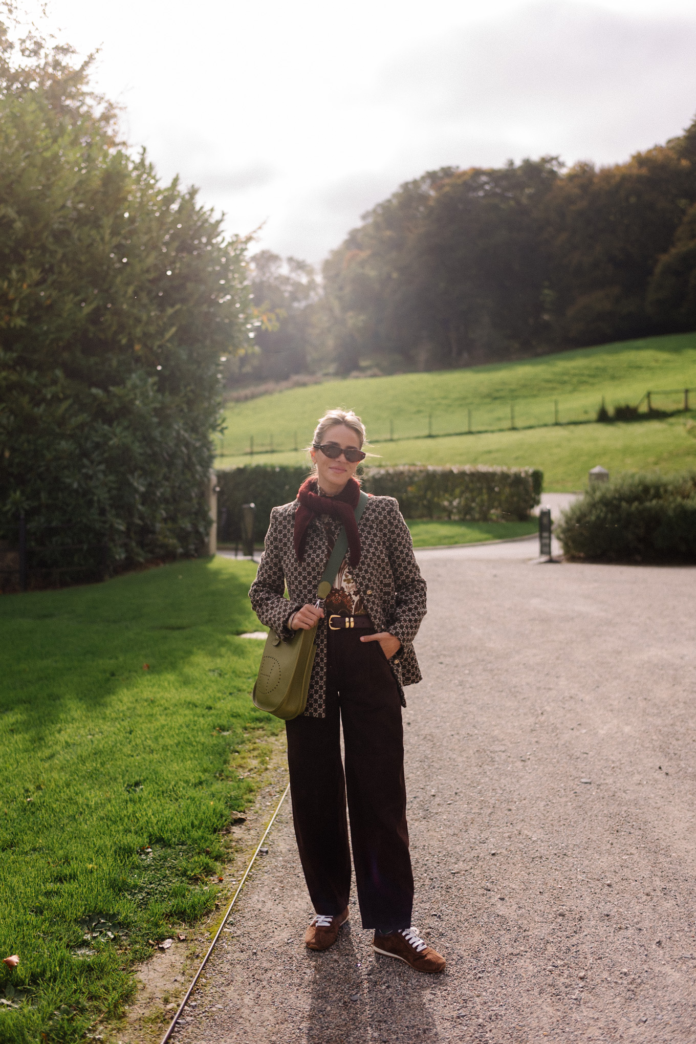 checkered blazer jacket maroon scarf brown suede wide leg pants brown sneakers