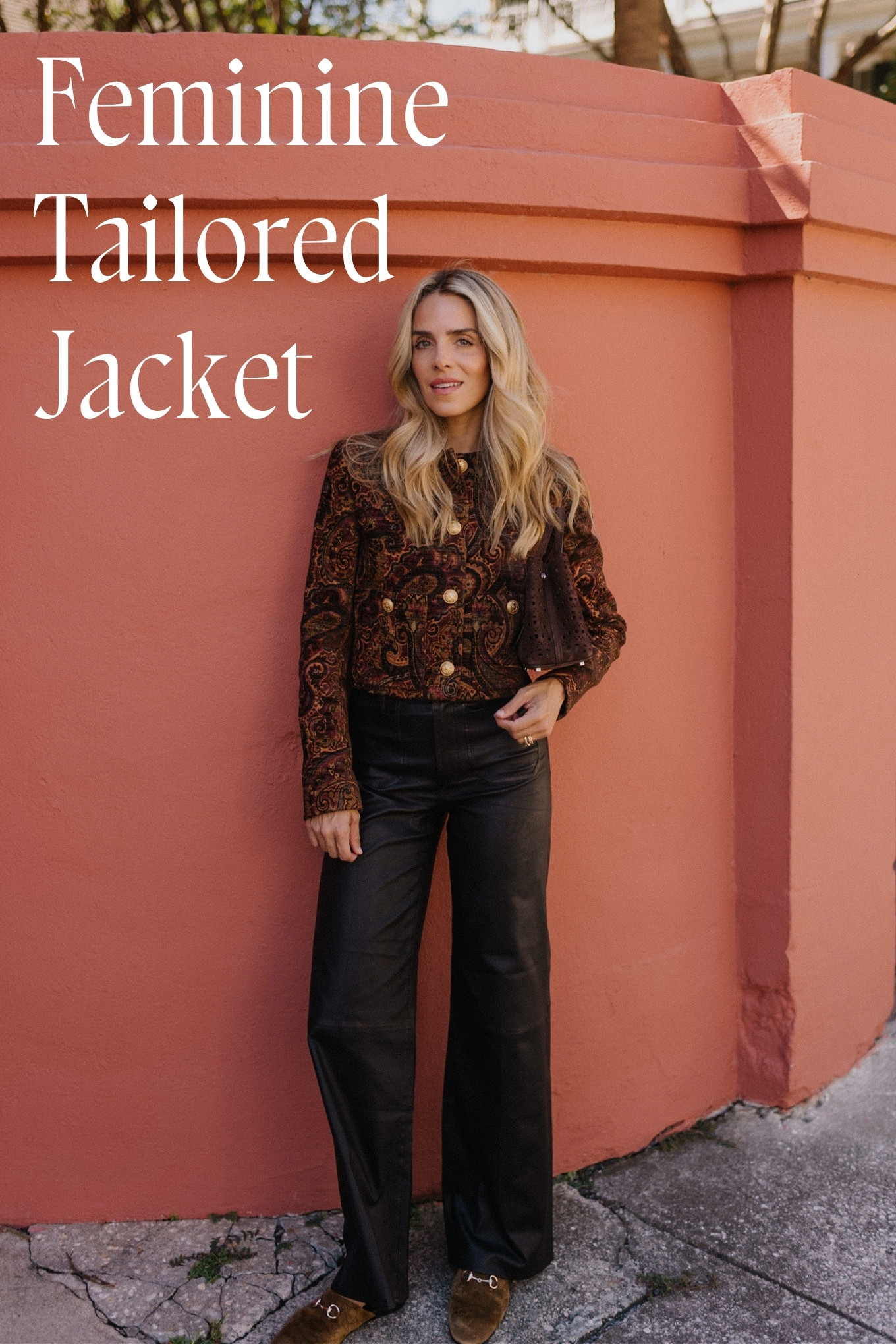 tailored jacket small suede bag suede mules leather pants