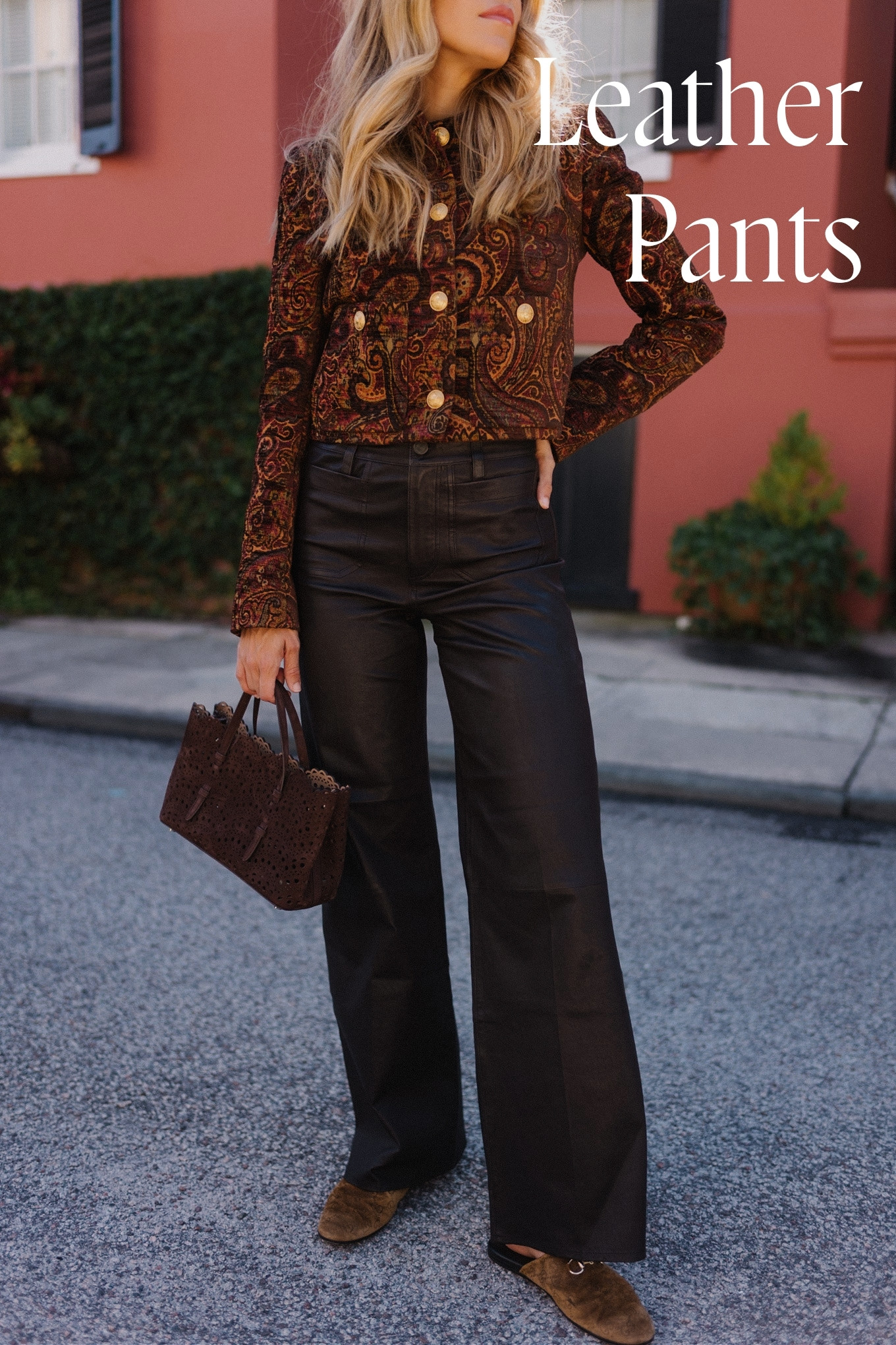 tailored jacket small suede bag suede mules leather pants