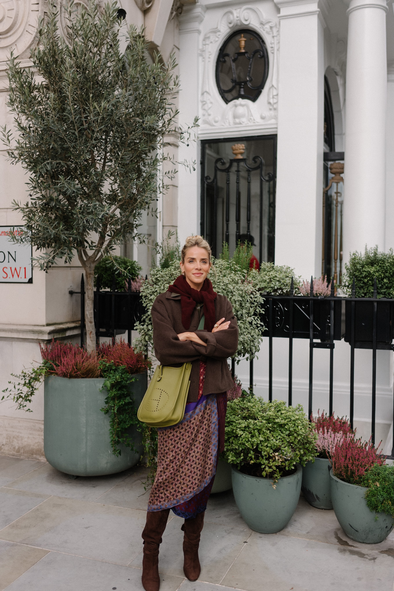 wool jacket leather collared shirt silk wrap skirt suede boots