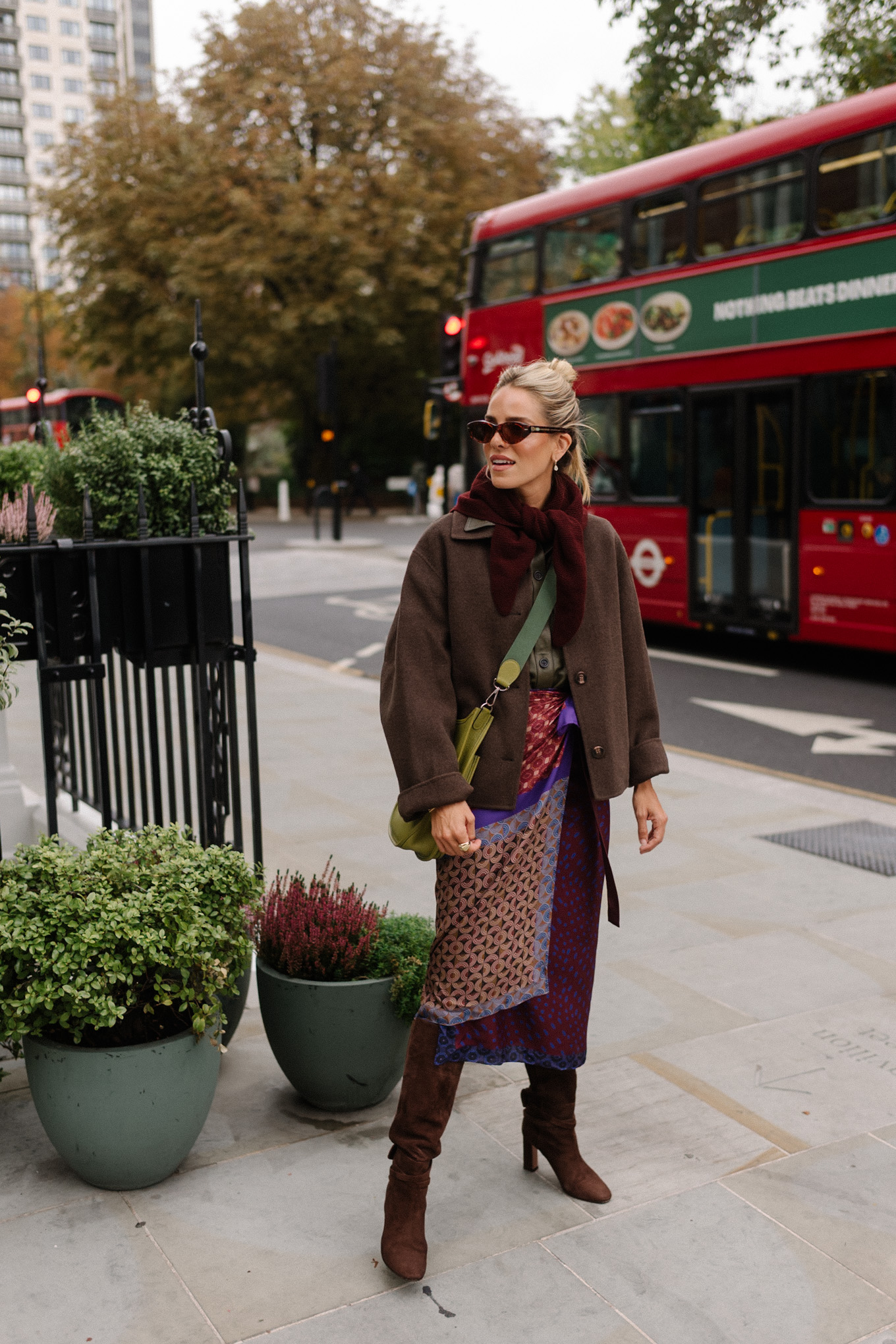 wool jacket leather collared shirt silk wrap skirt suede boots