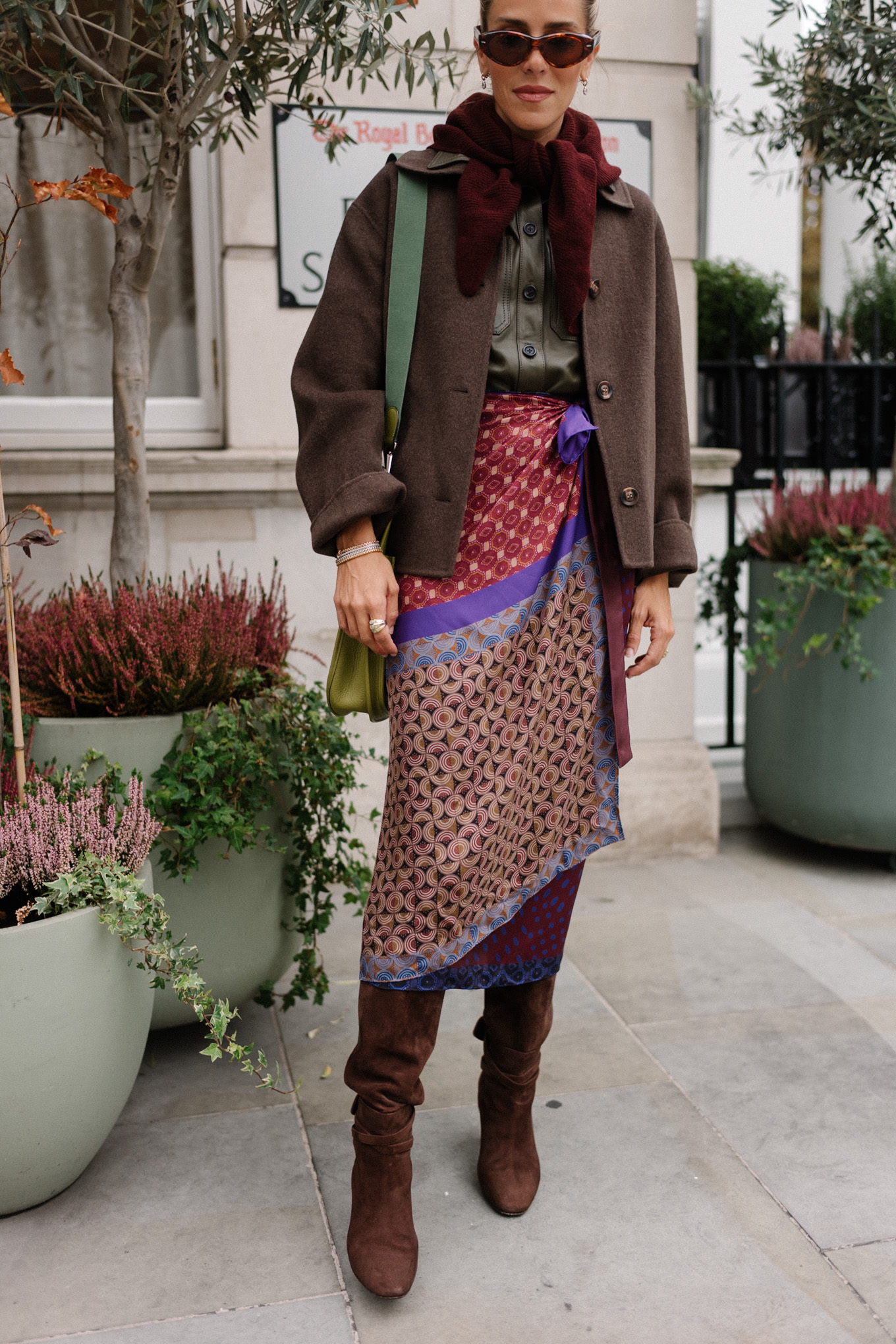 wool jacket leather collared shirt silk wrap skirt suede boots