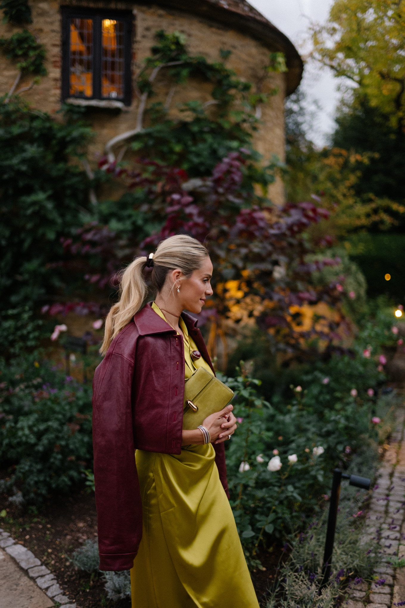 chartreuse satin dress maroon leather jacket brown suede boots