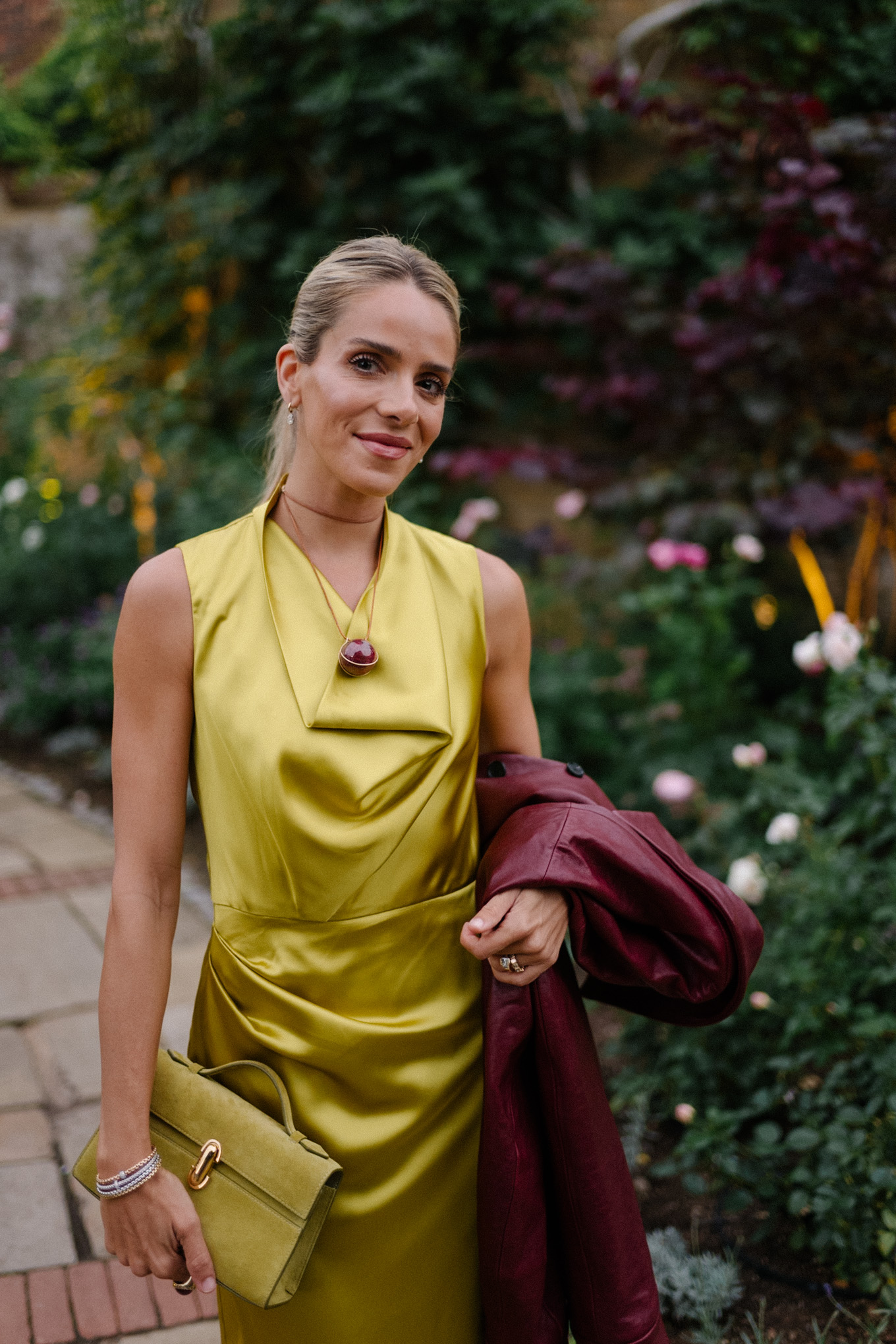 chartreuse satin dress maroon leather jacket brown suede boots