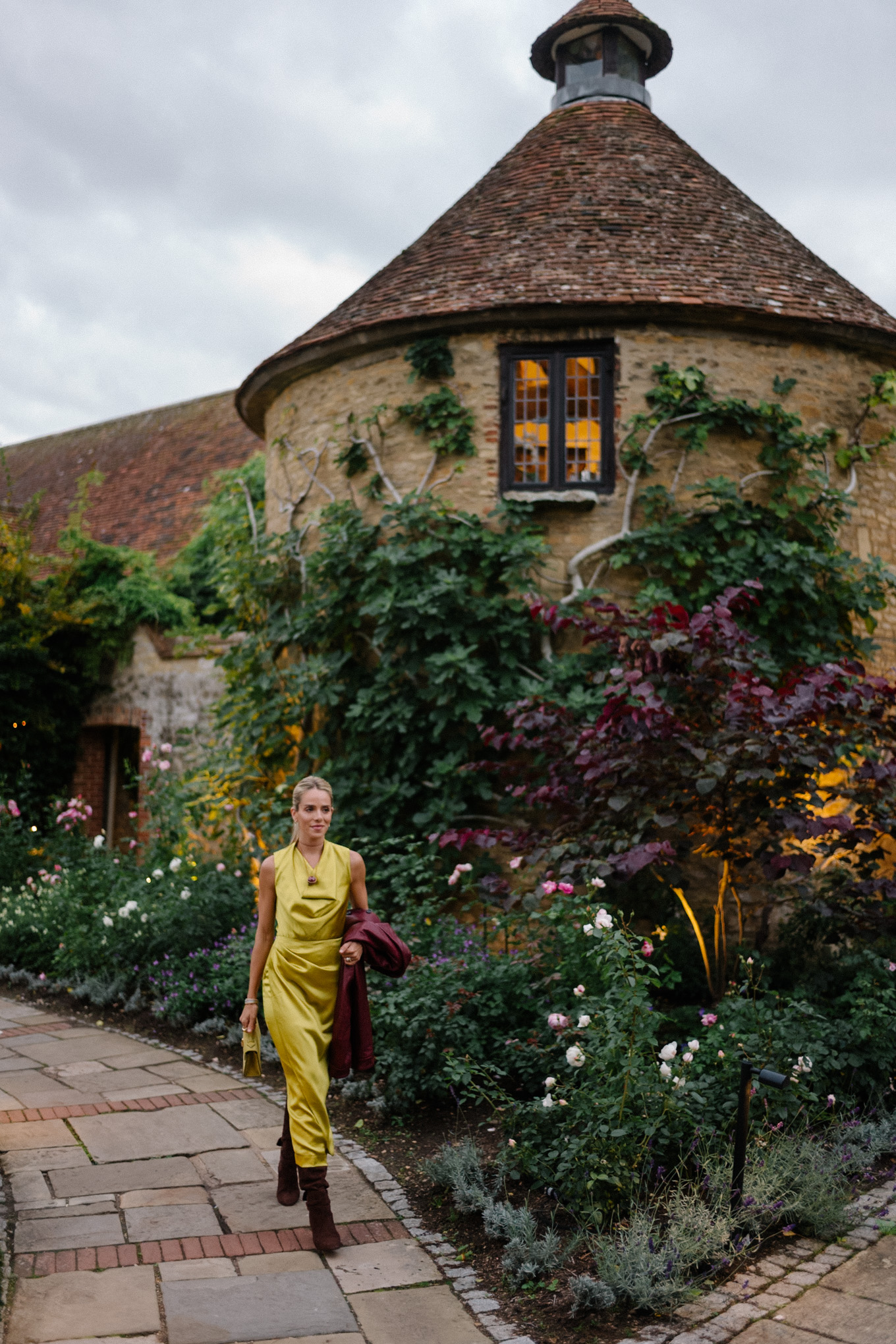 chartreuse satin dress maroon leather jacket brown suede boots