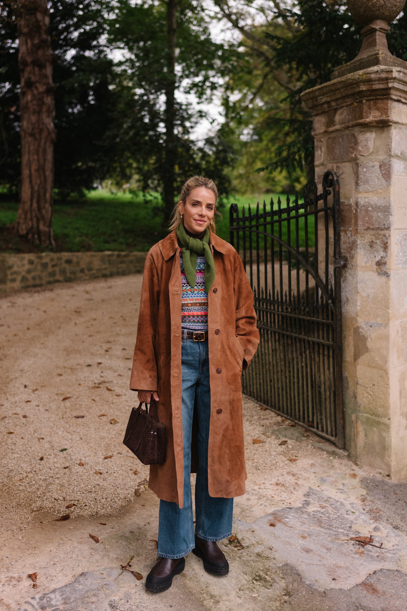 brown suede winter coat fair isle sweater vest green scarf blue denim brown boots