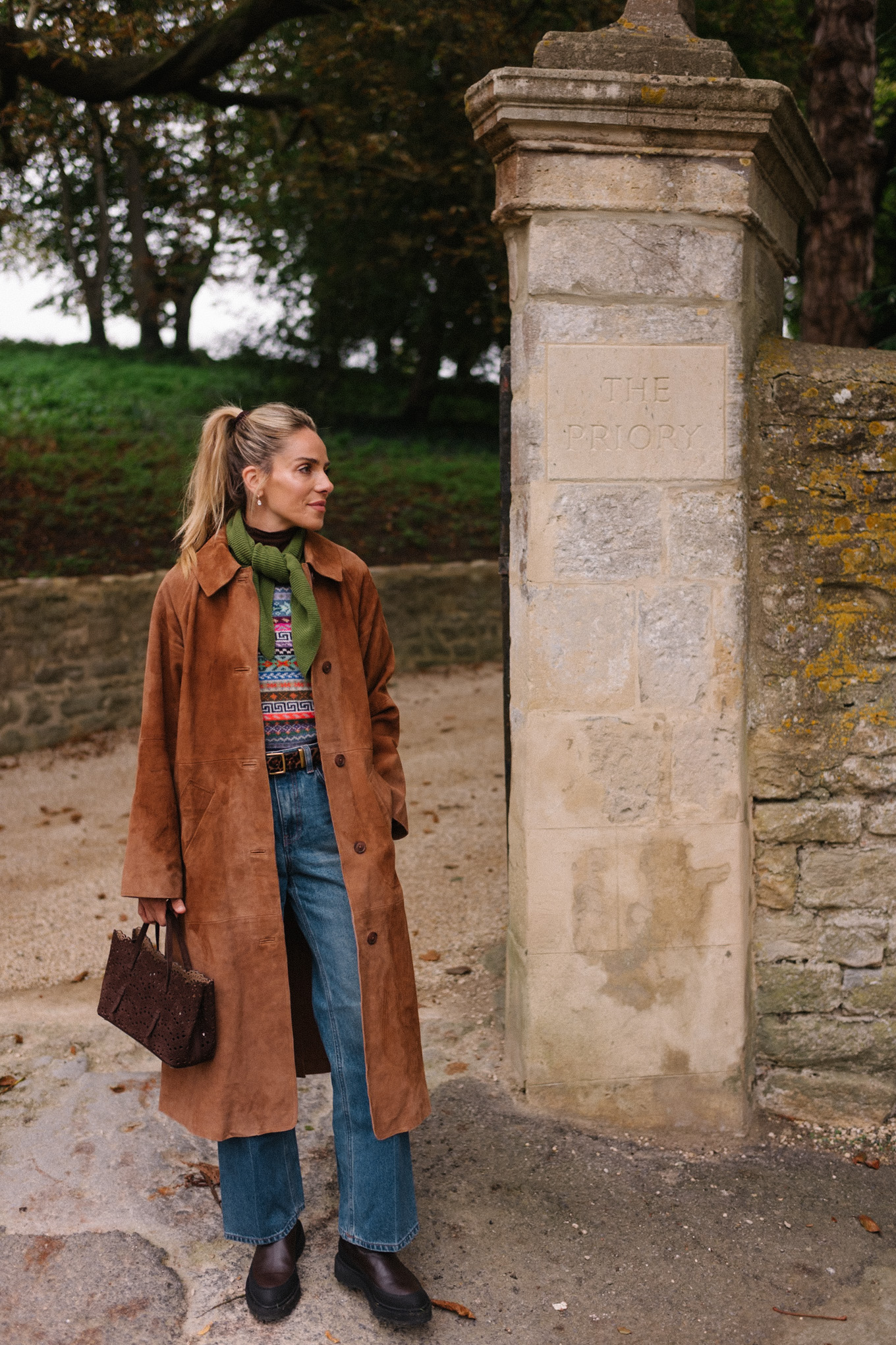 brown suede winter coat fair isle sweater vest green scarf blue denim brown boots
