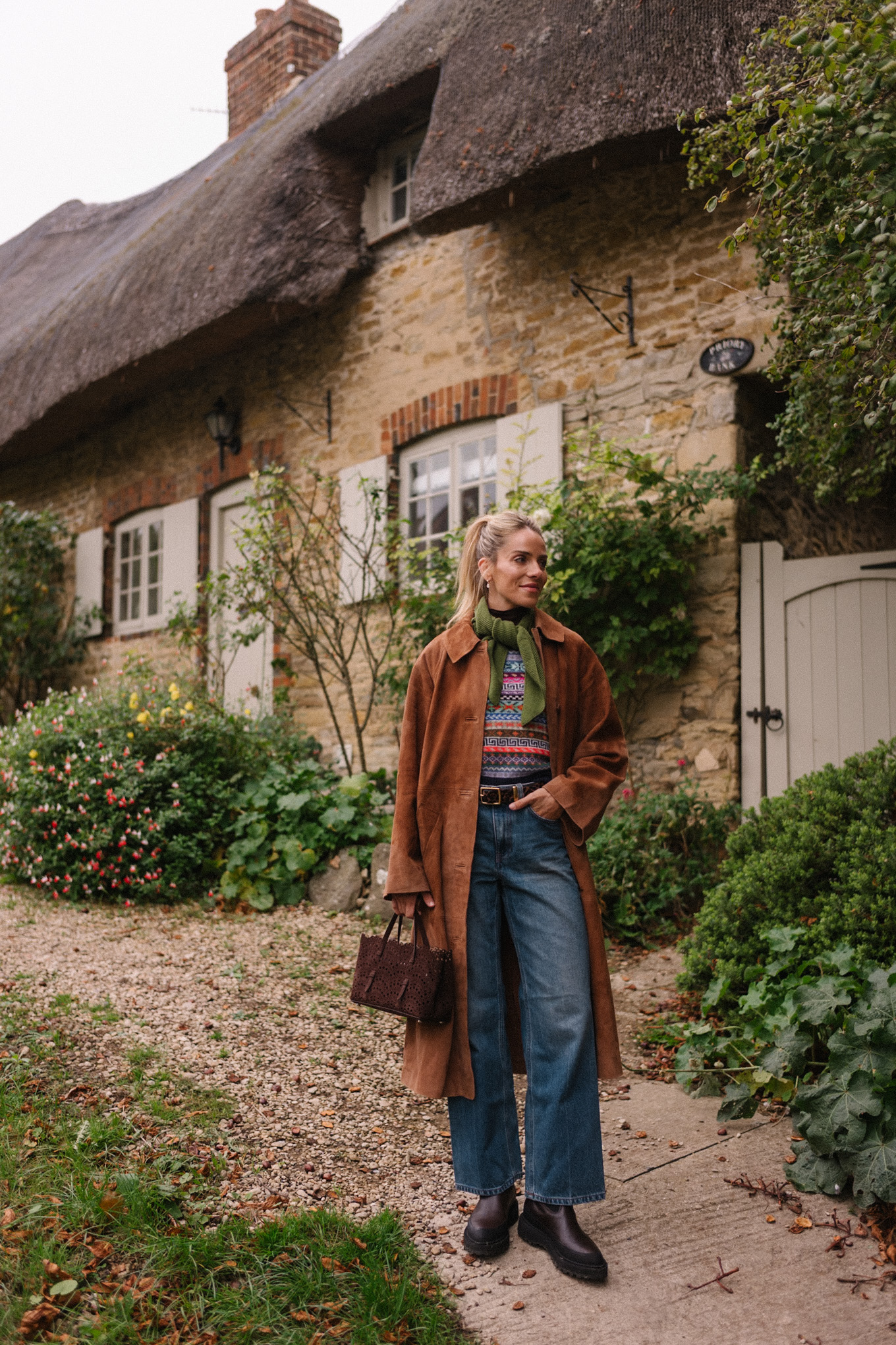 brown suede winter coat fair isle sweater vest green scarf blue denim brown boots