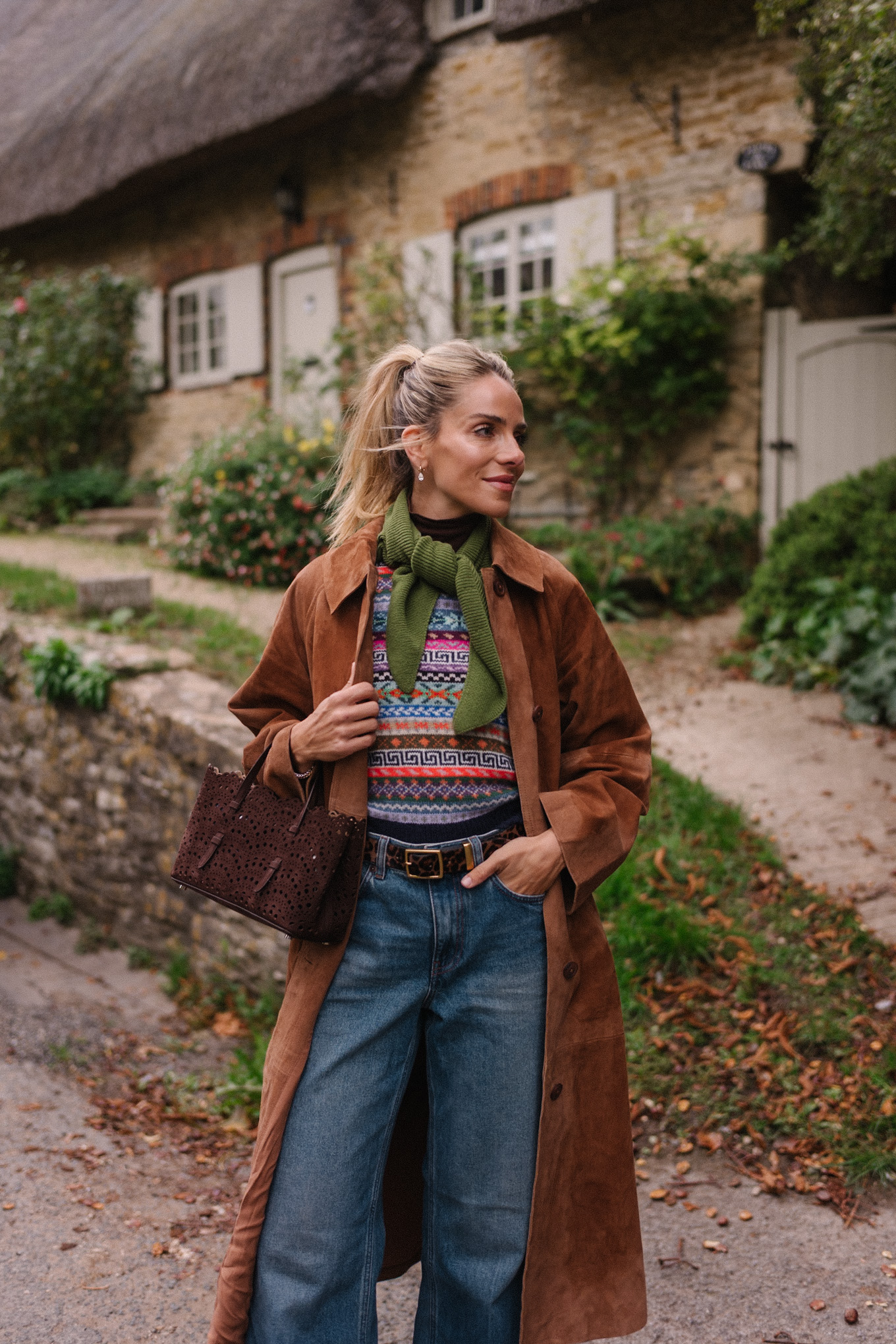 brown suede winter coat fair isle sweater vest green scarf blue denim brown boots